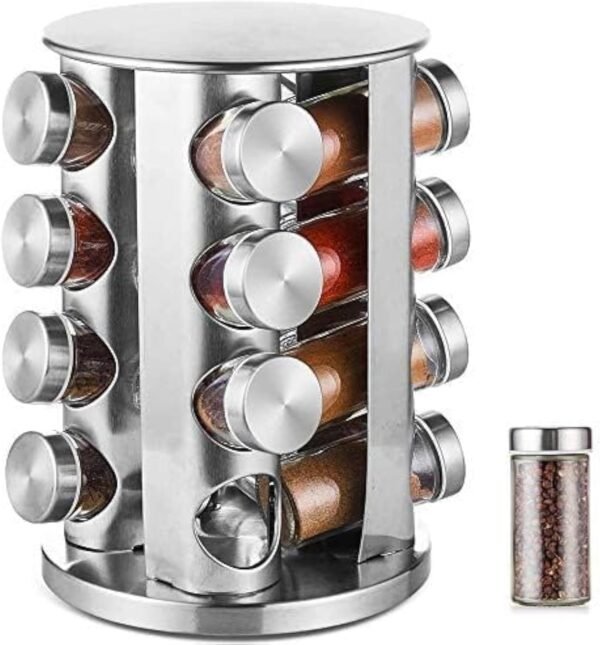 Stainless Steel Carousel Rotary Spice Rack with 16 Glass Jars