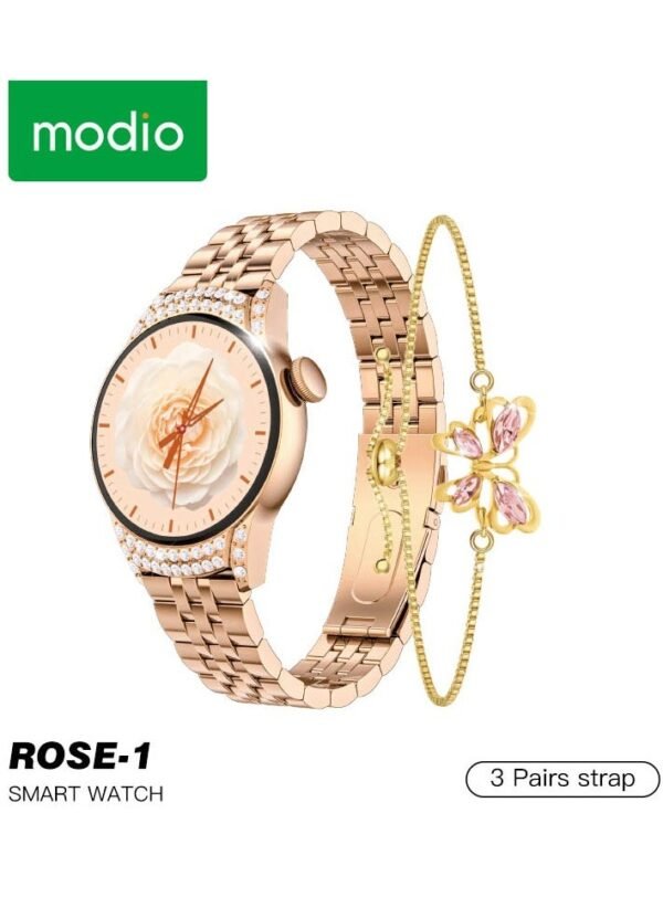 Modio Rose 1 Ladies Smart Watch With 3 Pair Straps Bracelet and Wireless Charger Gold