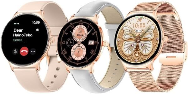 HainoTekoGermany HainoTeko-5 Super Slim Smart Watch Round Shape AMOLED Display With Waterproof AI Voice Assistance and 3 Pair Straps For Ladies (Gold)