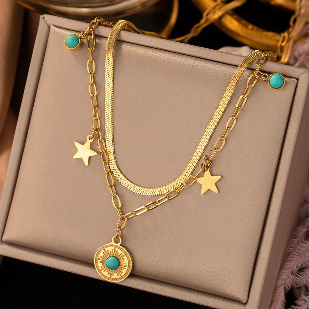 Turquoise Round Eye Pendant Double-layer Clavicle Chain - Image 4