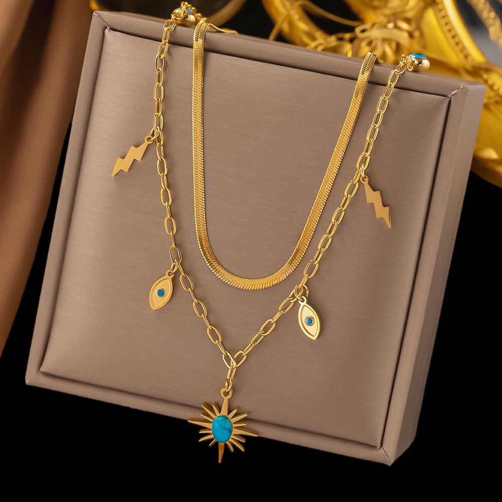 Turquoise Round Eye Pendant Double-layer Clavicle Chain - Image 7