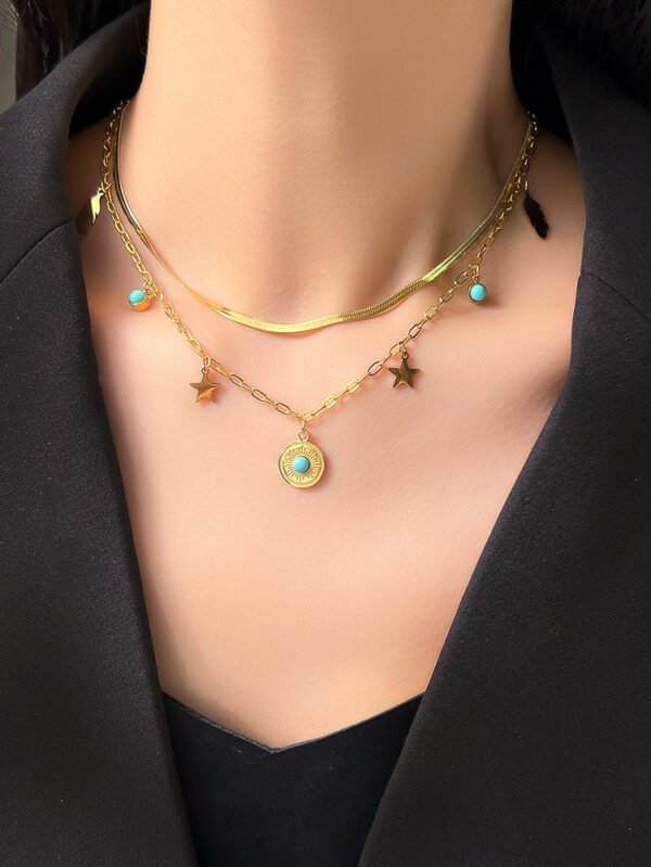 Turquoise Round Eye Pendant Double-layer Clavicle Chain - JYH1014 Style