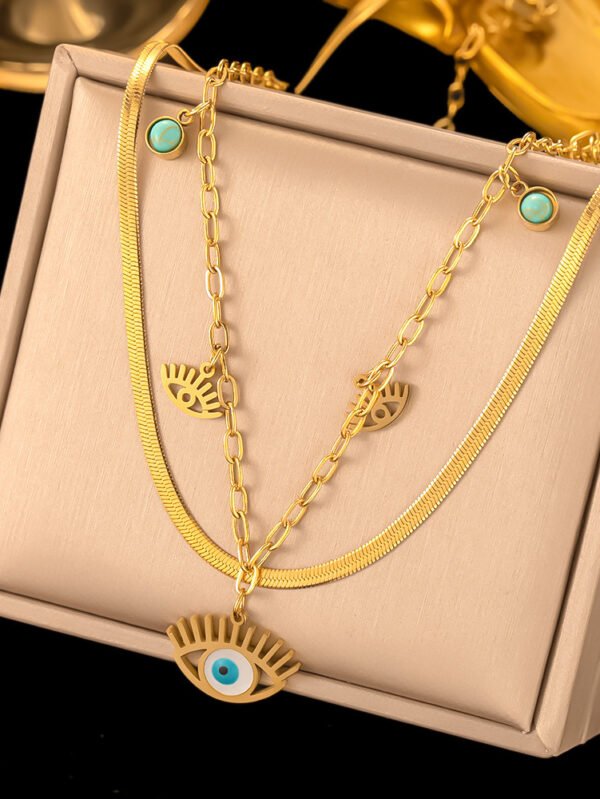 Turquoise Round Eye Pendant Double-layer Clavicle Chain - JYH1012 Style