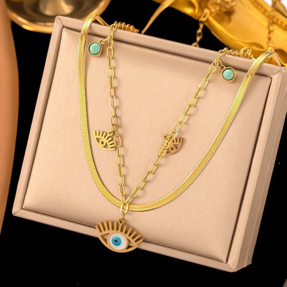 Turquoise Round Eye Pendant Double-layer Clavicle Chain