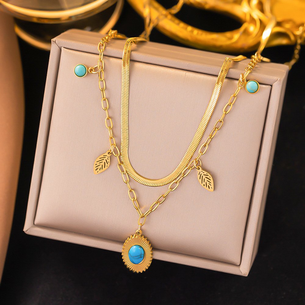 Turquoise Round Eye Pendant Double-layer Clavicle Chain - Image 8