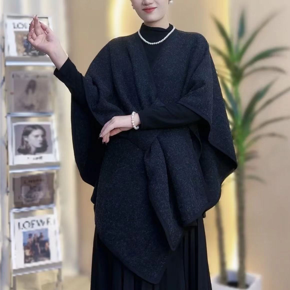 Fur Collar Fur Ball Knitted Cardigan Cape And Shawl - Image 3