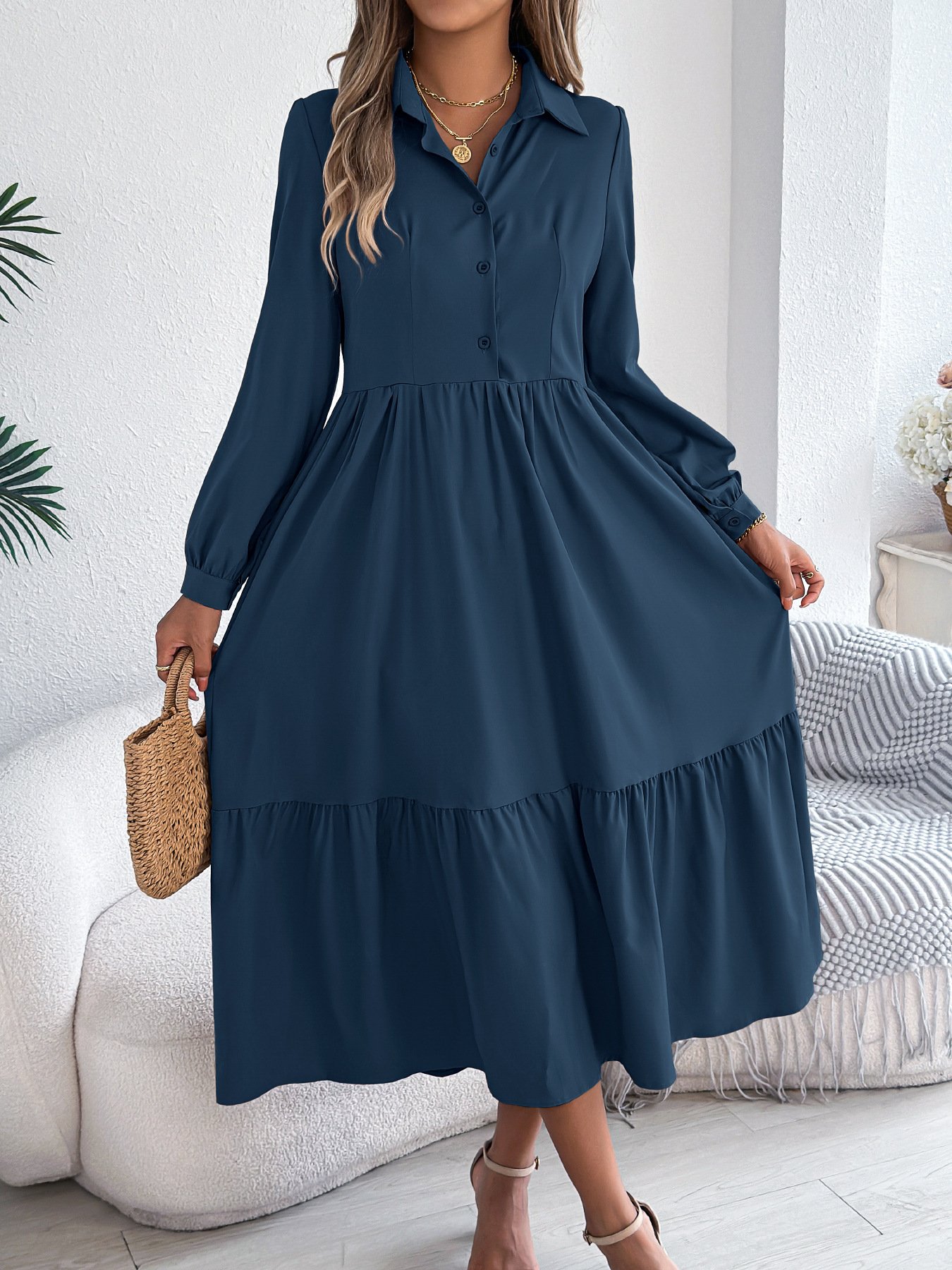 Lapel Casual Loose Long Sleeve Ruffled Shirt Dresses Long Sleeved Turn-down Collar Single-Breasted Dress - Image 10