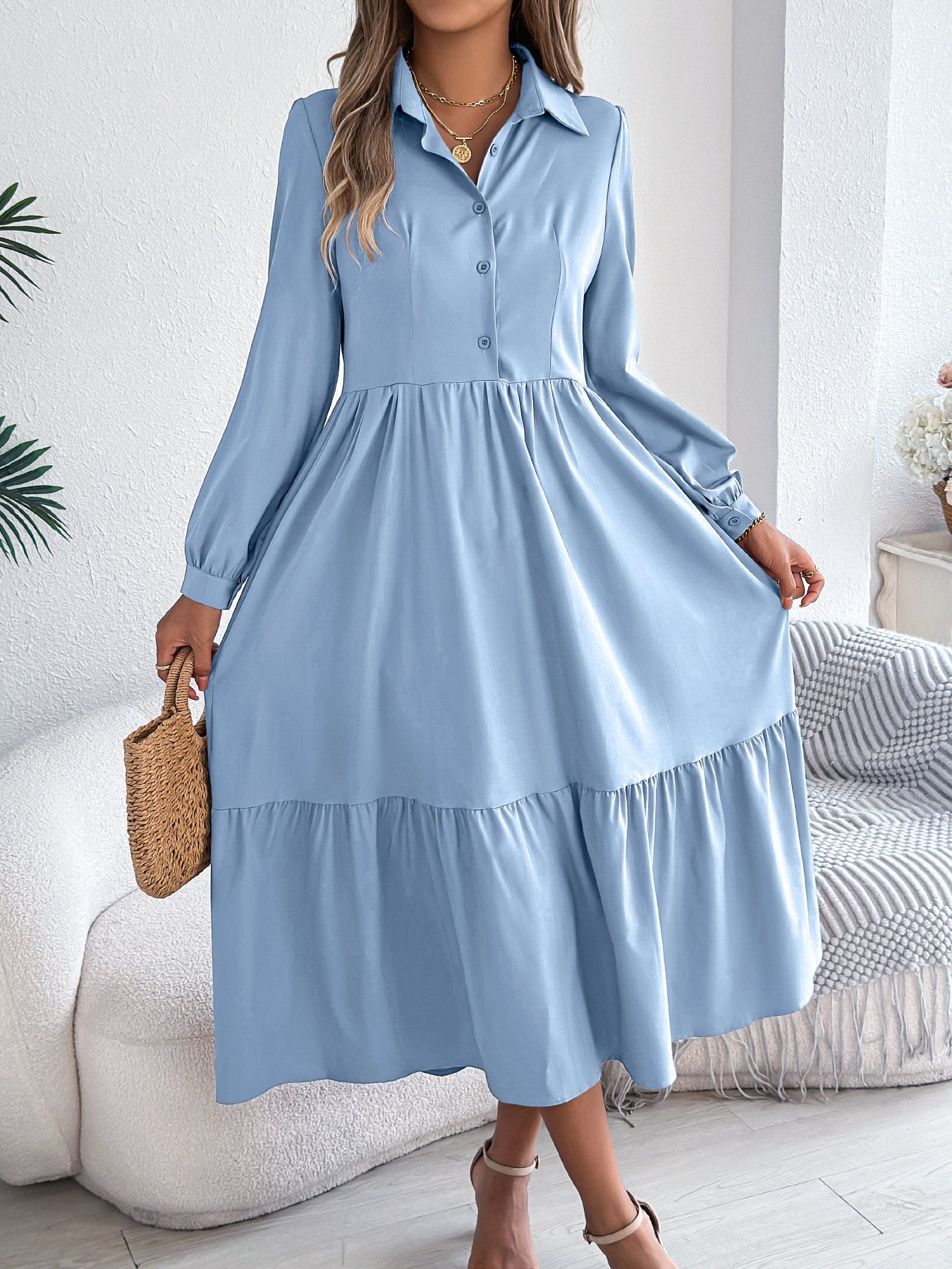 Lapel Casual Loose Long Sleeve Ruffled Shirt Dresses Long Sleeved Turn-down Collar Single-Breasted Dress - Image 2