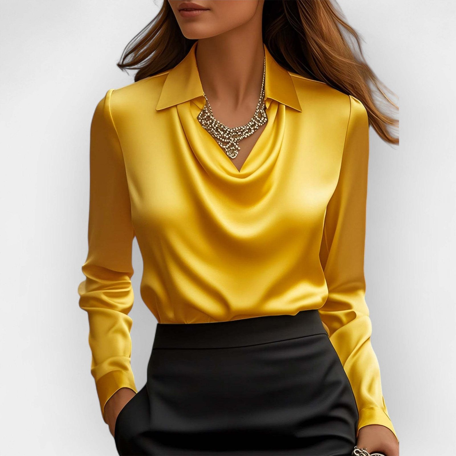 Swing Collar Draped Shirts & Blouses Elegant Solid Satin Office Ladies Top Pullover Spring Long Sleeve Casual Tops - Image 7