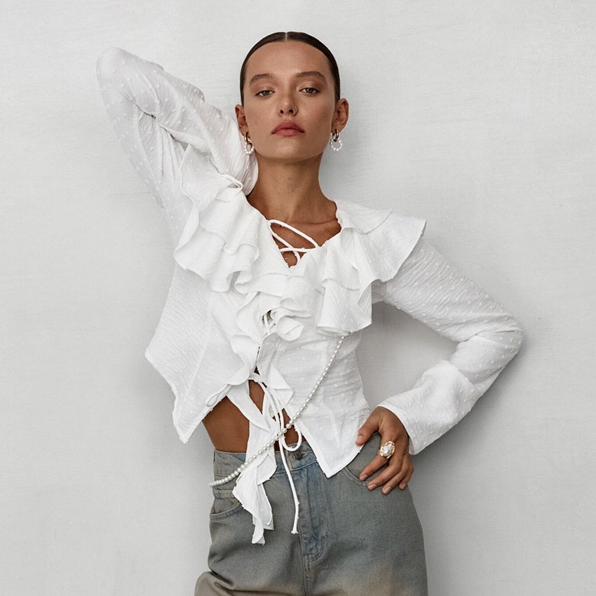 White Crepe Casual Ruffled Sexy Elegant Lace-up Long Sleeve Shirt - Image 3