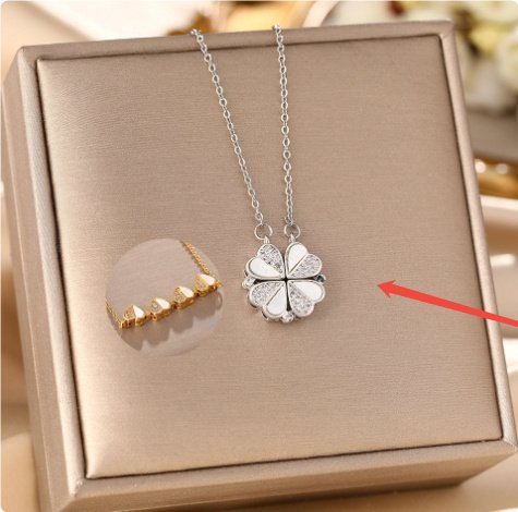 Luxury Four Leaf Clover Pendant Necklace Stainless Steel Crystal Heart Jewelry For Women Gift - 8119 Silver White Shell