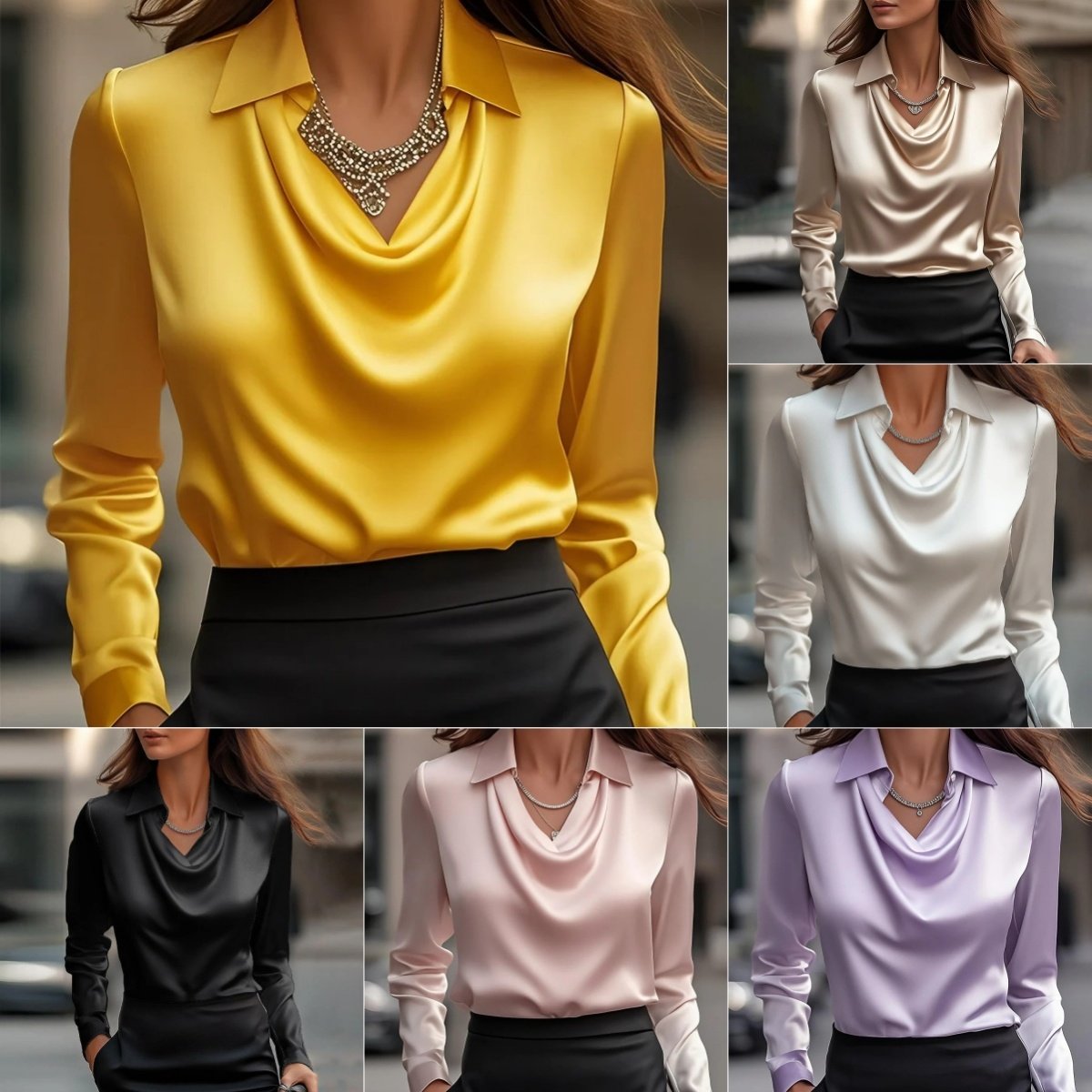 Swing Collar Draped Shirts & Blouses Elegant Solid Satin Office Ladies Top Pullover Spring Long Sleeve Casual Tops