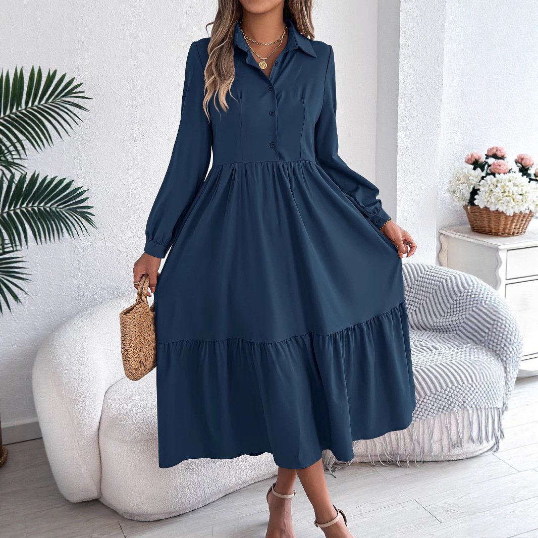 Lapel Casual Loose Long Sleeve Ruffled Shirt Dresses Long Sleeved Turn-down Collar Single-Breasted Dress - Image 5