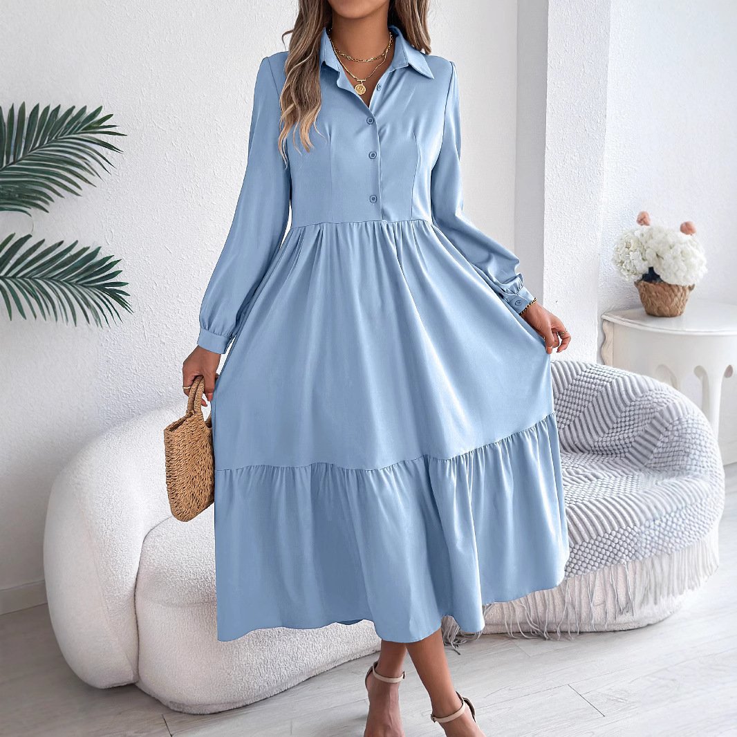 Lapel Casual Loose Long Sleeve Ruffled Shirt Dresses Long Sleeved Turn-down Collar Single-Breasted Dress - Image 7