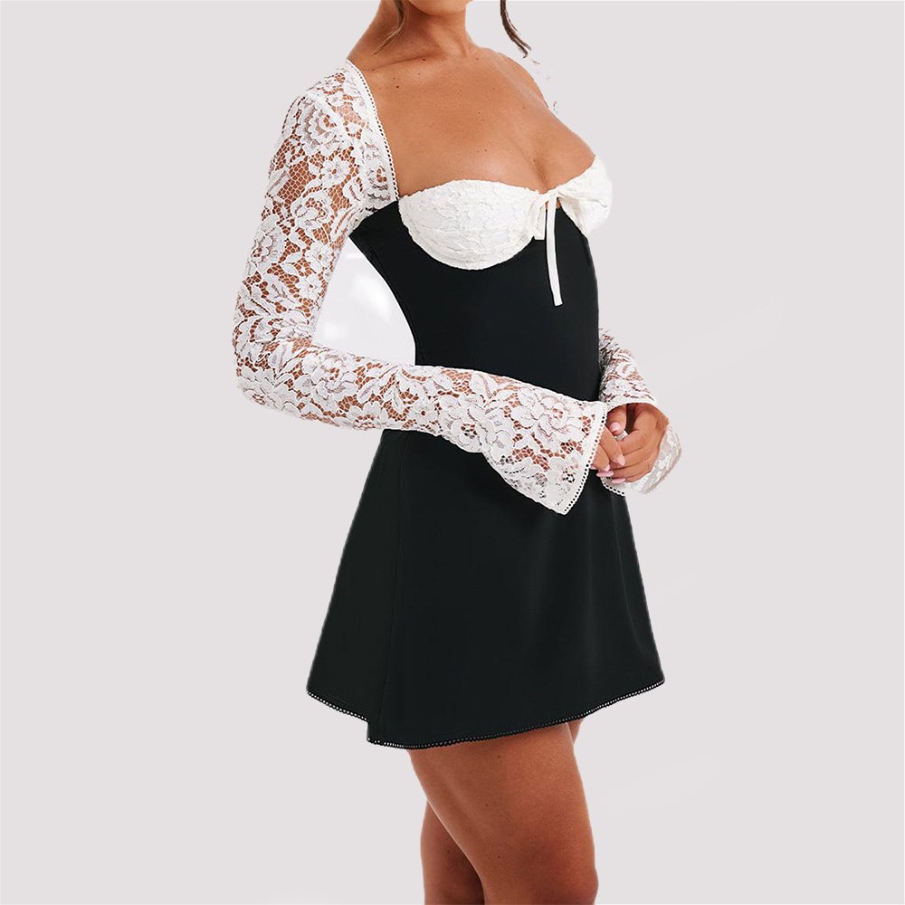 Y2K  Lace Long Sleeve Dress Fashion Sexy Corset Backless Lace Up Short Dresses Womens Clothing - Image 5