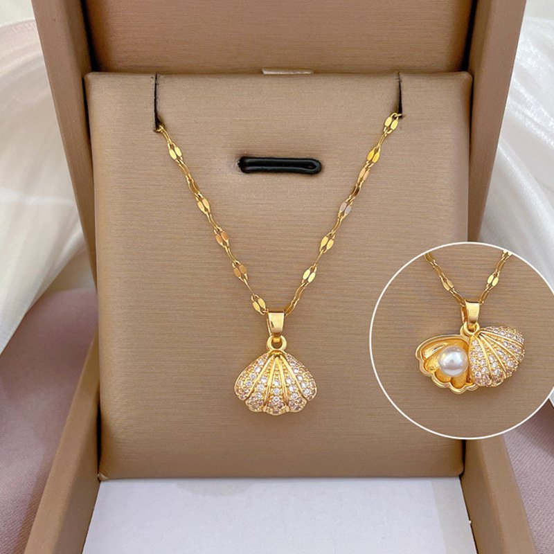 Shell Pearl Necklace With Rhinestones Female Zircon Temperament