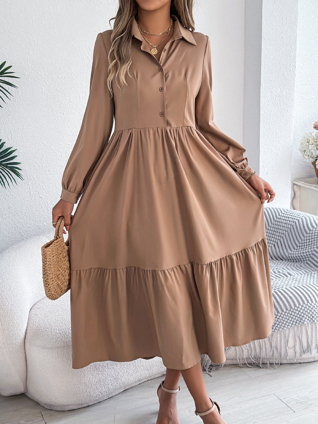 Lapel Casual Loose Long Sleeve Ruffled Shirt Dresses Long Sleeved Turn-down Collar Single-Breasted Dress - Image 4