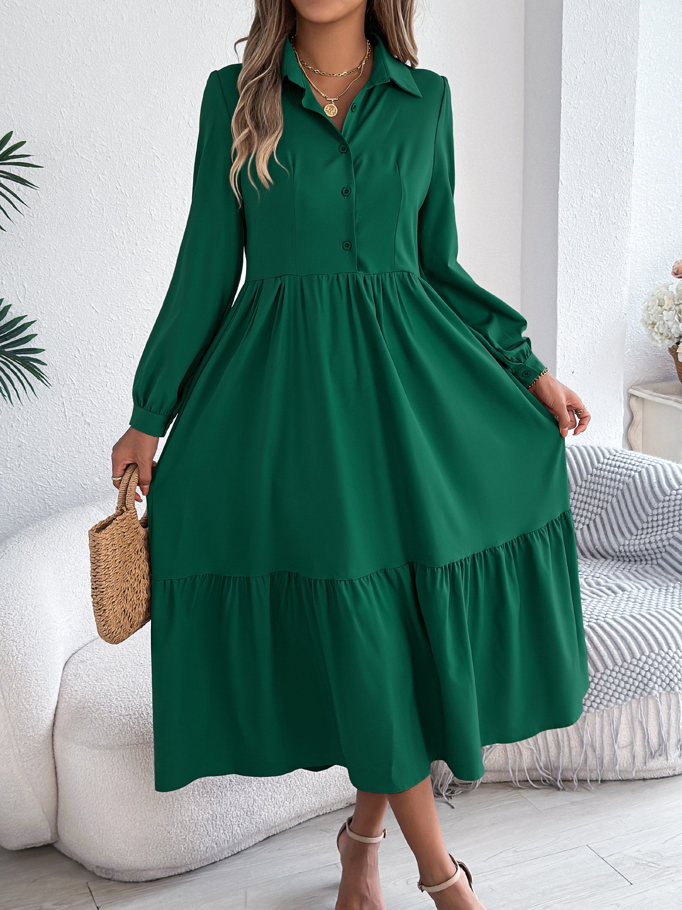 Lapel Casual Loose Long Sleeve Ruffled Shirt Dresses Long Sleeved Turn-down Collar Single-Breasted Dress - Image 9