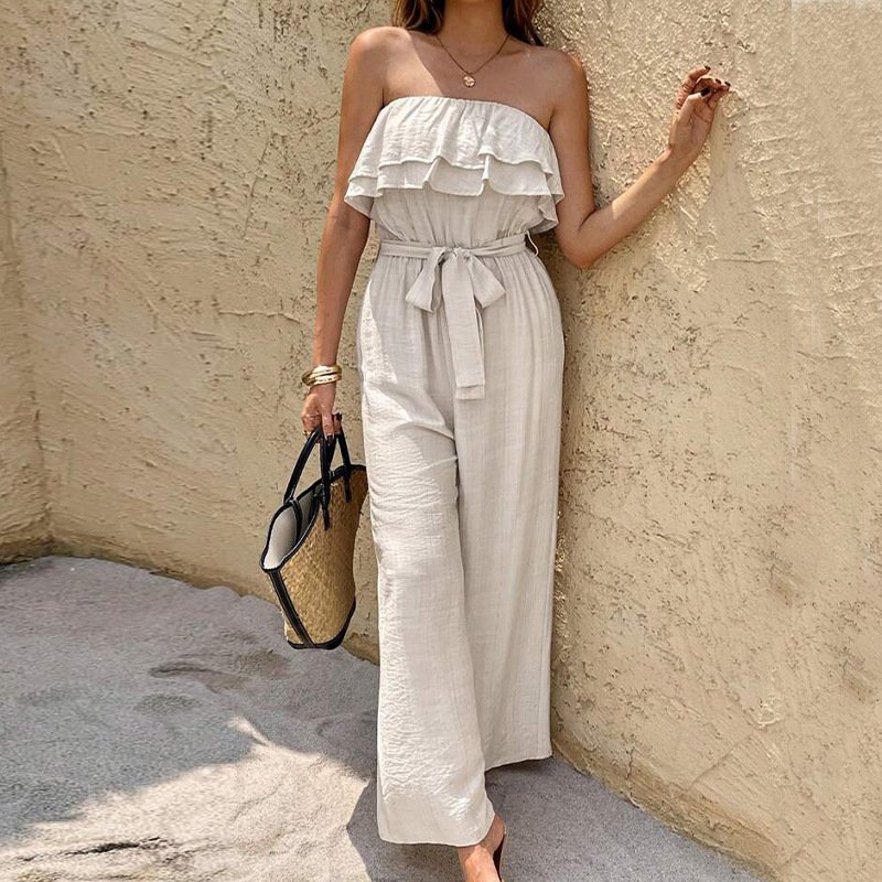 Women's Summer Sleeveless Tube Top Jumpsuit Ruffled Tied Jumpsuit