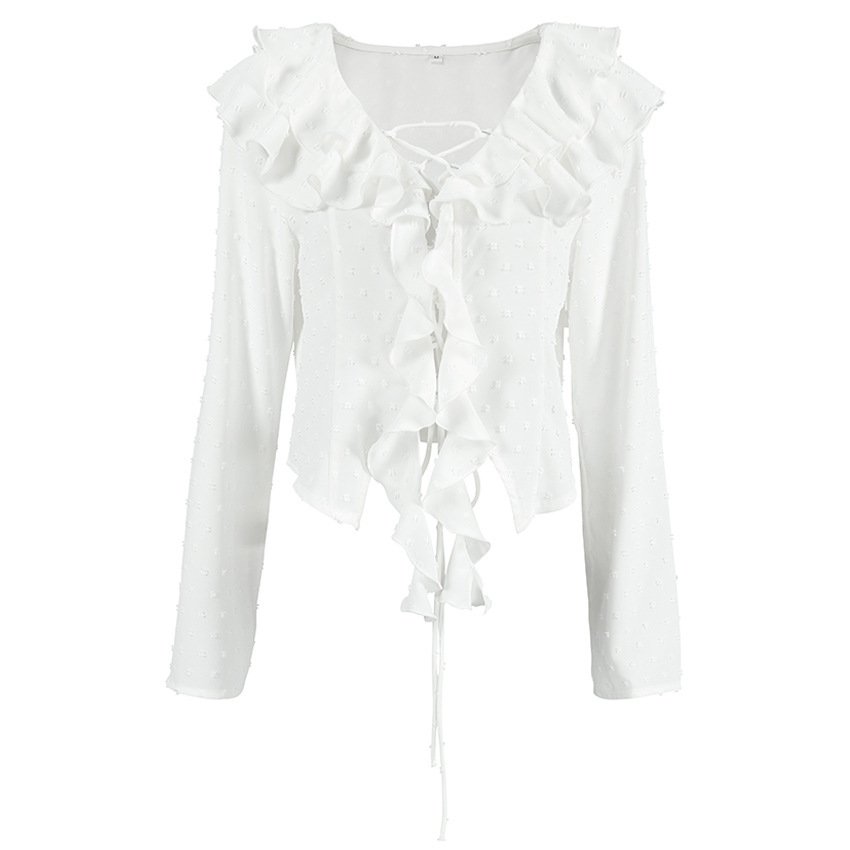 White Crepe Casual Ruffled Sexy Elegant Lace-up Long Sleeve Shirt - Image 5